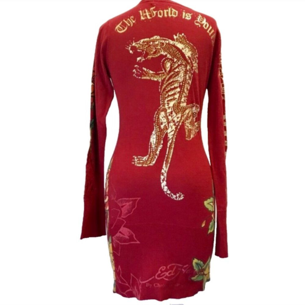 Ed Hardy Rhinestone Red Long Sleeve Knit Sweater Dress Y2K RARE